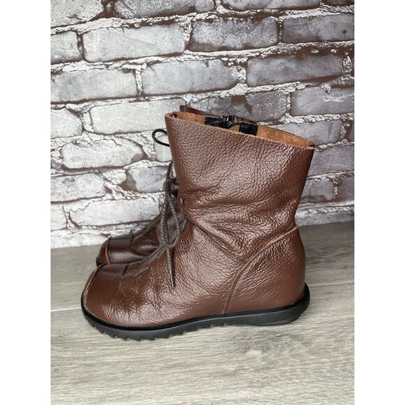 Hin Rui VTG Brown Leather Ankle Boots Rope Laces Side Zip Women 8.5M US/39EU 250 - Picture 14 of 16